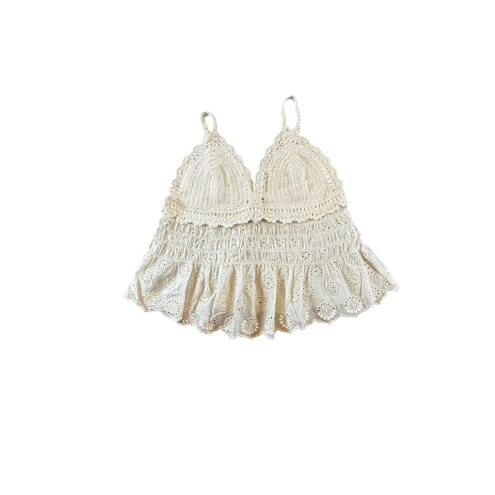 American Flirt Crochet Eyelet Lace Smocked Peplum Cami Top Cream Medium